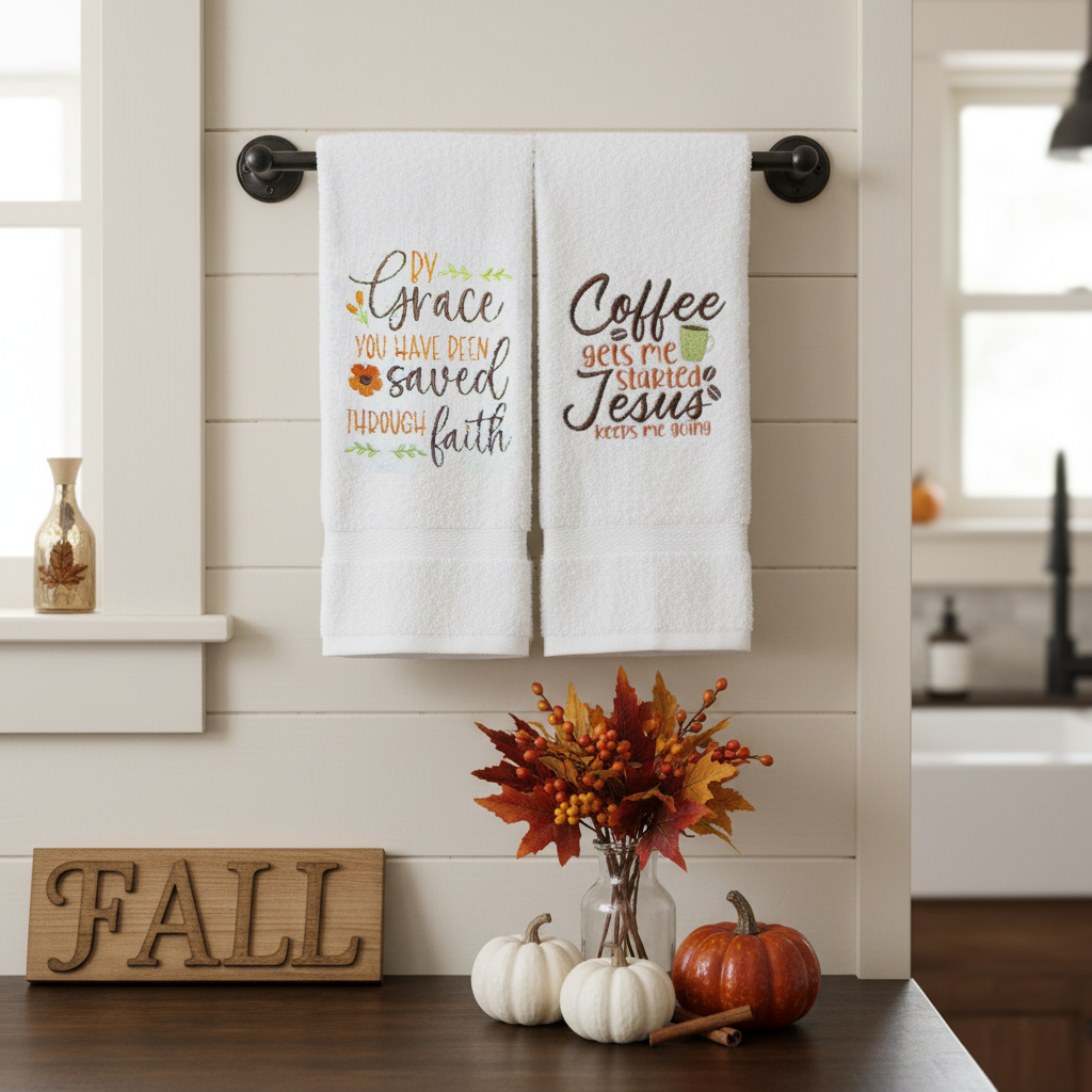 Coffee & Jesus/Grace & Faith Hand Towels | Embroidered Kitchen Towel | Decorative Hand Towel