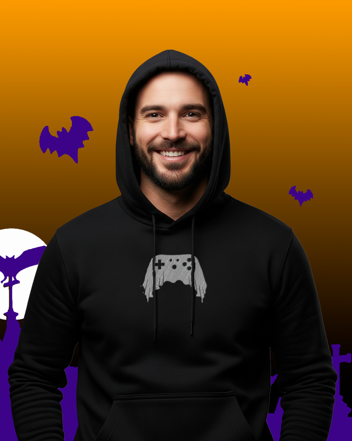 Halloween Ghost Controller Hoodie | Gaming Hoodie | Black Hoodie with Embroidery | Embroidered Hoodie